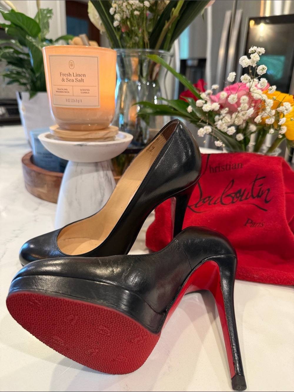 Christian Louboutin Black Leather Platform Pumps with Red Soles
